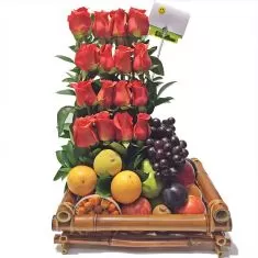 Combo Rosas con Ancheta de Frutas Agrandado